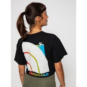 Women's The North Face Cropped T Shirt Black Rainbow Logo Graphic Tee Size Large